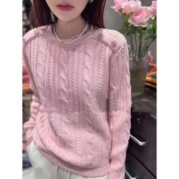 歐貨圓領長袖肩扣毛衣女秋冬新款氣質百搭麻花套頭針織軟糯羊毛衫