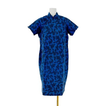 二手 藍黑 變形蟲印花 微挺 輕薄 古董訂製 旗袍 短袖 PF206