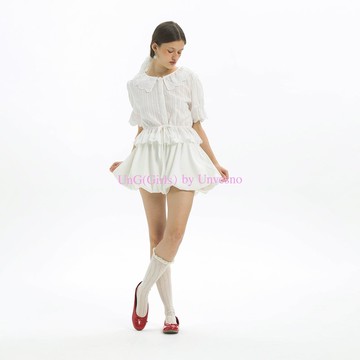 Unvesno (UN) 法式芭蕾風蕾絲女開衫荷葉繡花綁帶收縮襯衫上衣