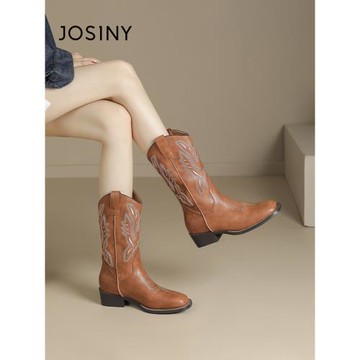 卓詩尼刺繡鞋身時尚百搭騎士靴