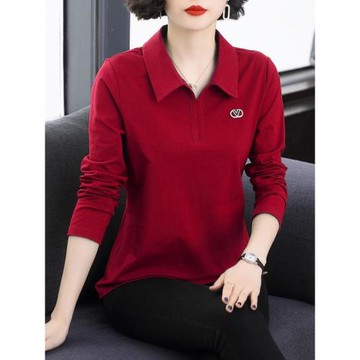 純棉長袖t恤女春秋裝寬松大碼胖mm中年媽媽洋氣打底衫polo衫上衣