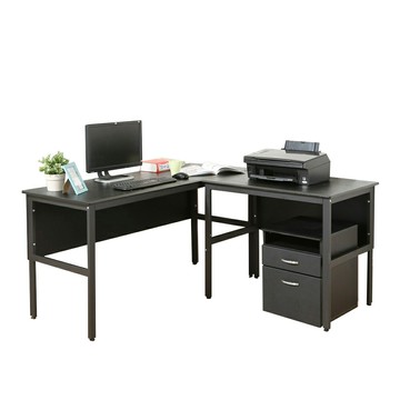 《DFhouse》頂楓150+90公分大L型工作桌+活動櫃-黑橡木色