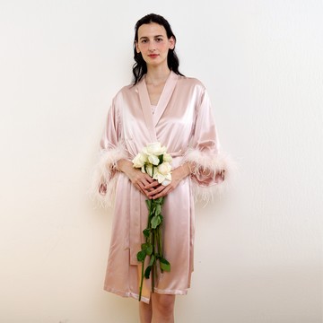 NotJustPajama 22姆米真絲羽毛新娘晨袍/內搭真絲吊帶短褲 - 【吊帶+短褲】天藍色-S