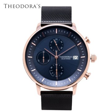 【THEODORA'S】Mercury 太陽能金屬手錶 三眼深藍-米蘭黑【希奧朵拉】