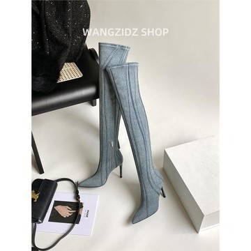 高級感大冪冪同款牛仔過膝長靴女細跟秋冬新款尖頭高跟鞋高筒靴子