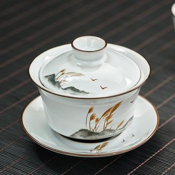 官窯蓋碗茶杯陶瓷茶碗三才蓋碗家用泡茶碗仿手繪敬茶杯大號蓋碗杯