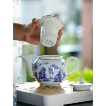 (免運)青花陶瓷茶壺帶陶瓷過濾網內膽大容量家用單壺泡茶器茶具杯子套裝