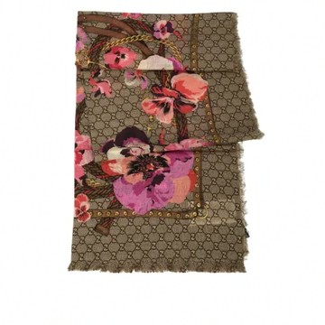 【GUCCI】GG Logo 花卉圖案羊毛披肩/圍巾(米色/紫紅色)