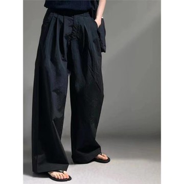 黑色棉麻闊腿褲女夏季薄款日系小個子褶皺高級感山本褲冰絲涼涼褲