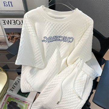 9號倉庫 大尺碼套裝女 運動套裝女 特大碼女裝300斤美式復古華夫格T恤套裝女夏季寬松運動休閑兩件套