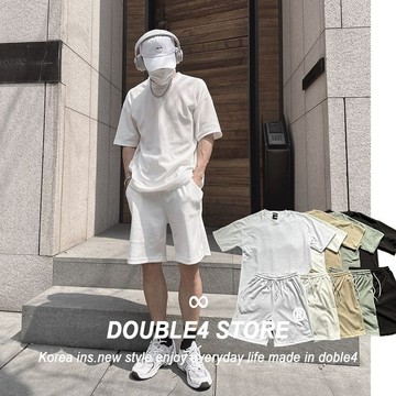 【DOUBLE4】韓國 寬鬆 落肩寬Tee  素面短袖Tee 華夫格 一套 挺版 洗不爛 韓國男裝 棉短褲 短褲2326