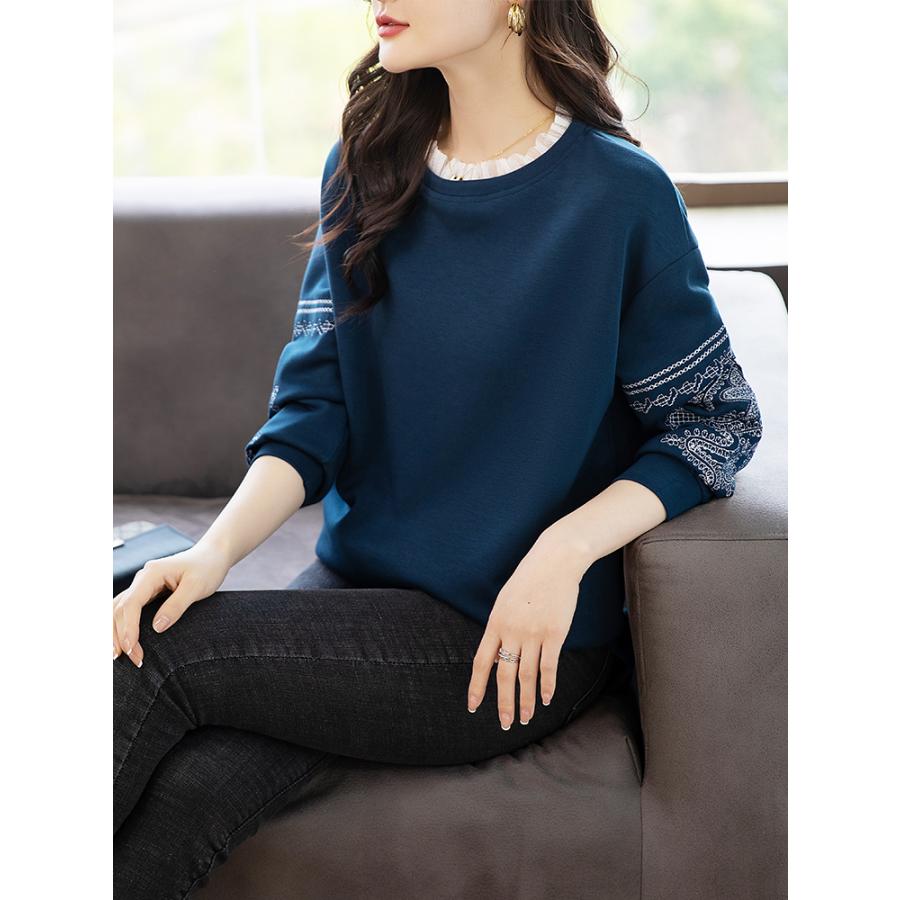 Tシャツ レディース レース かわいい 袖刺繍入り サイドベント フェイクレヤード スウェット トップス 女性 カットソー 0hBg5ulTOfHUgIDAhHvH9iH1lRATl-