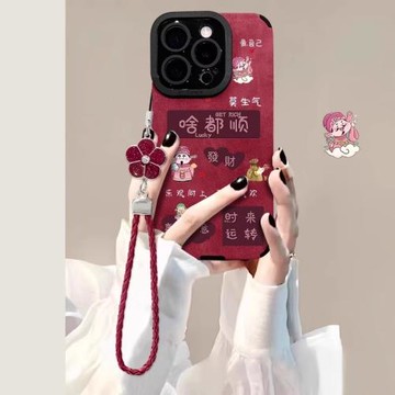 啥都順財神適用蘋果17promax手機殼酒紅色新款iphone16pro翻毛皮15彩繪14小眾高級感女13帶掛繩11防摔軟套17