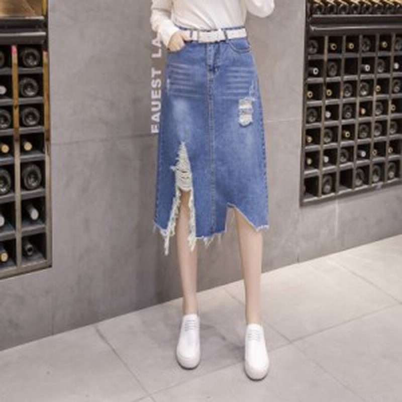 ダメージデニムスカート デニムスカート スリットスカート スカート デニム イレギュラーヘム アシンメトリー ミディアム ファッション 通販 Lineポイント最大1 0 Get Lineショッピング