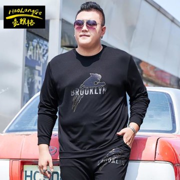 潮牌胖子男裝加肥加大碼圓領長袖衛衣套頭鐳射燙鉆肥人加絨體恤冬
