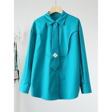 諾諾E站[町]純色襯衫女春秋新款設計感小眾寬松顯瘦長袖上衣剪標