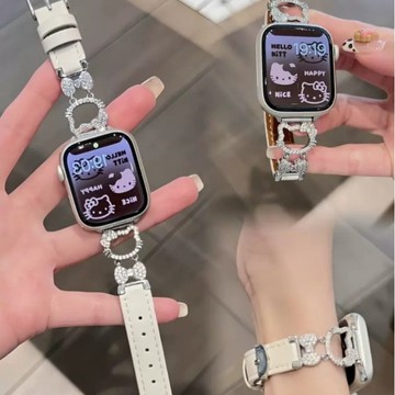 日韓女神 超閃KT貓 金屬閃鑽 適用 Apple watch s10 9/8/7se 輕奢真皮 46 49mm 蘋果錶帶