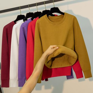 一體絨毛衣女冬天加絨加厚大碼低圓領內搭針織打底衫女士保暖上衣