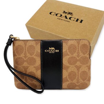 【COACH】C LOGO直紋手拿零錢包禮盒(焦糖/黑)
