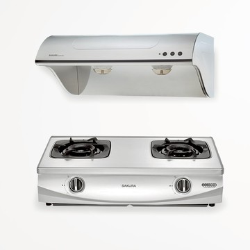 櫻花 廚房二機套裝組-不鏽鋼斜背式排油煙機+二口雙炫台爐 天然氣 (含基本安裝)