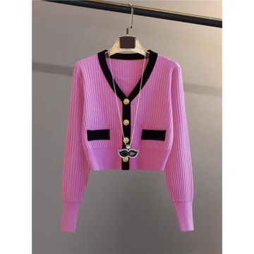 復古時尚撞色小香風秋冬女針織開衫v領拼色外搭短款高腰外套上衣