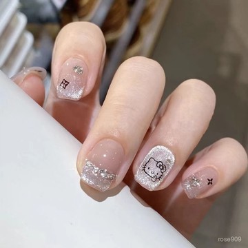 ✨Hannah✨穿戴甲貓穿戴甲甜美可愛法式漸變貓眼爆閃學生美甲短款純手工穿戴甲 0ORE