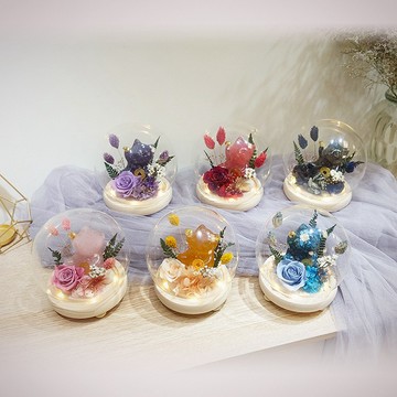 【KIRA與花花藝】水晶招財貓永生花LED玻璃罩夜燈/拉長石/生日禮物/情人節禮物/送禮/永生花/開幕/喬遷