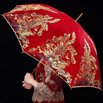 紅傘婚慶紅色用品蕾絲中式新娘婚傘出嫁花邊長柄結婚雨傘婚禮