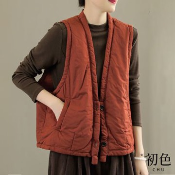初色 簡約V領純色雙扣夾棉無袖馬甲背心外套女上衣-共4色-32468(M-2XL可選)