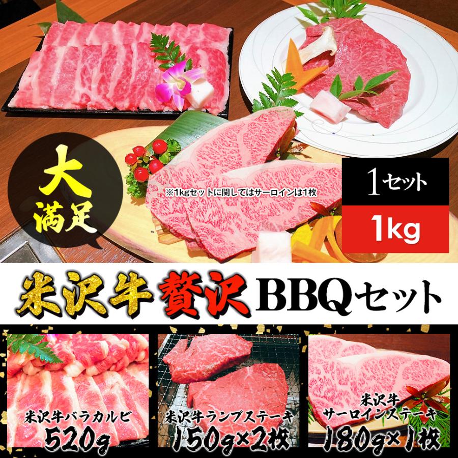 米沢牛 計1kg 豪華バーベキューセット (バラカルビ520g、ランプステーキ2枚、サーロインステーキ1枚） BBQ 日本三大和牛 送料無料