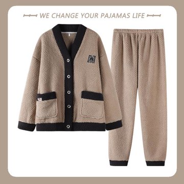 2025年睡衣女士冬季加絨加厚保暖珊瑚絨簡約休閑秋冬天家居服套裝