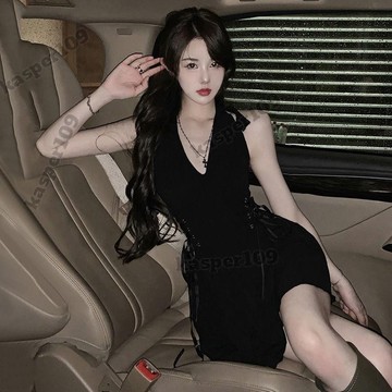 洋裝 辣妹純欲夏法式時尚禮服掛脖黑色洋裝女收腰顯瘦A字裙子 韓妞必備
