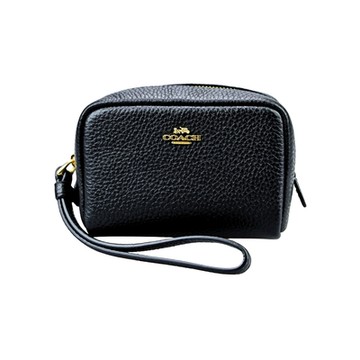 COACH黑色荔枝紋全皮立體方型手掛零錢包