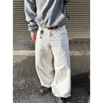 無性別白色baggy版型牛仔褲男cleanfit美式街頭寬松休閑闊腿褲子