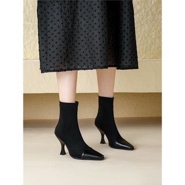 小香風彈力瘦瘦襪靴2024新款秋冬中筒細跟拼接方頭顯瘦高跟短靴女