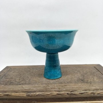 大明正德年雕刻壽紋寶石釉高足杯 老貨收藏仿古瓷器擺件 古董古玩1入