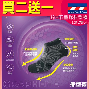 買二送一 安德森保羅+鋅石墨烯船型襪 台灣製造