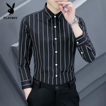 花花公子春秋長袖條紋襯衫男士修身休閑商務休閑免燙打底襯衣潮裝