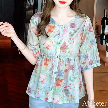 【ACheter】棉麻碎花五分中袖大碼胖圓領寬鬆遮肚子顯瘦短版上衣# 118266 (現貨+預購)