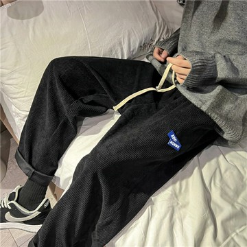 2022春秋季燈芯絨墜感闊腿休閑褲寬松直筒韓版潮流bf高街港風褲子