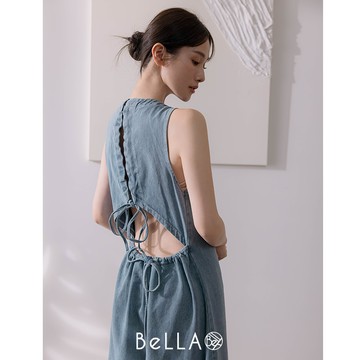 【1+1優惠】BeLLA 小露腰牛仔長洋裝 淺藍