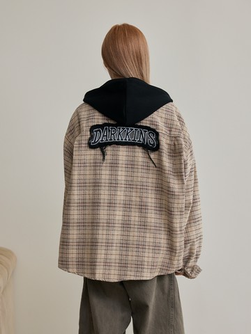 連帽拼接繡字格紋長襯