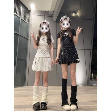 波點小熊刺繡短袖女夏季2026新款修身顯瘦韓系漂亮短褲T恤套裝潮