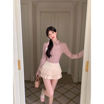 LXLILIUM【粉色邂逅】粉色條紋刺繡收腰襯衫女秋季修身長袖上衣