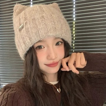 台灣現貨24H出貨🏆秋冬季新款保暖可愛針織貓耳朵毛線帽保暖帽護耳帽