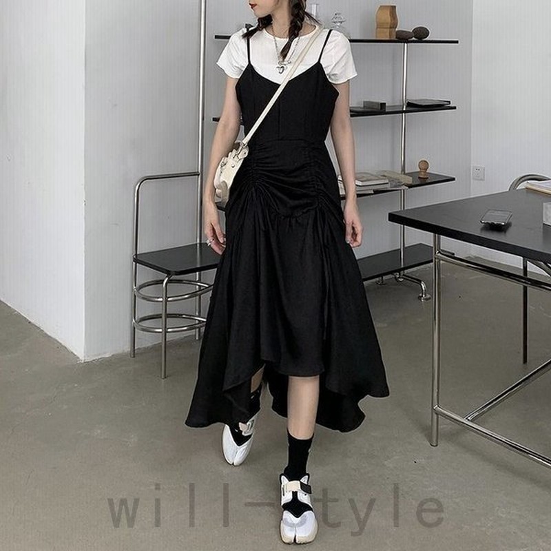 キャミワンピース韓国オルチャンストリートシャーリング原宿系くしゅくしゅギャザーノースリーブロング 通販 Lineポイント最大0 5 Get Lineショッピング