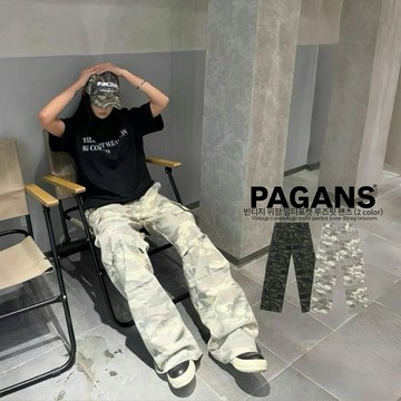 【PAGANS STORE】韓國 復古 迷彩 重磅 工裝 重工 口袋 直筒 闊腿 叢林 傘兵 迷彩褲 牛仔褲 牛仔 長褲