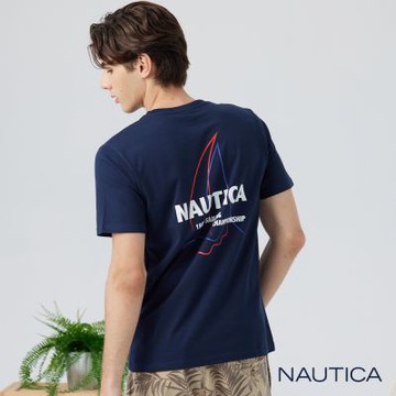 Nautica 男裝  帆船雙色線條圖騰短袖T恤-藍色