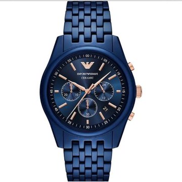 EMPORIO ARMANI 亞曼尼 經典藍陶瓷三眼計時錶-男錶-贈高檔6入收藏盒(AR70016)43mm