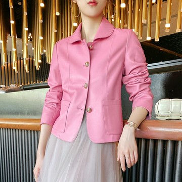 【巴黎精品】現貨+預購 真皮皮衣西裝外套-短版小香風翻領羊皮女外套v1ao17